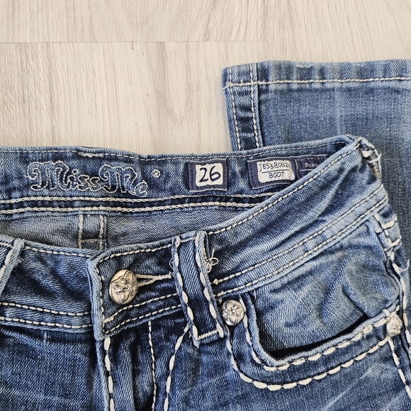 Miss Me Blue Boot Cut Jeans with White Stitching - Picture 2 of 5